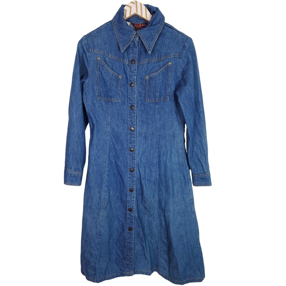 Vintage‎ LANDLUBBER Denim Shirt Dress Womens Juniors 11 Blue Snap Western 70s